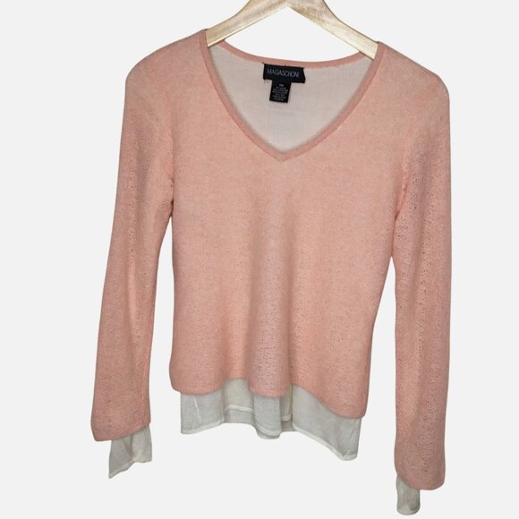 MAGASCHONI Cashmere Silk Layered Sweater Blush V-Neck Quiet Luxe Minimalist PM - Picture 8 of 9